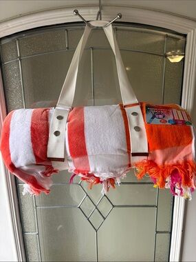 LOFT Orange and White Striped Travel Tote